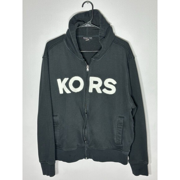 Michael KORS Mens Zip Up Jacket Black XL Outerwear Spellout Hoodie Fuzzy Letters - Picture 1 of 8